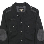 IDPDT Mens Black Cotton Button Jacket L Plain Military Style Pockets Elbow Patch