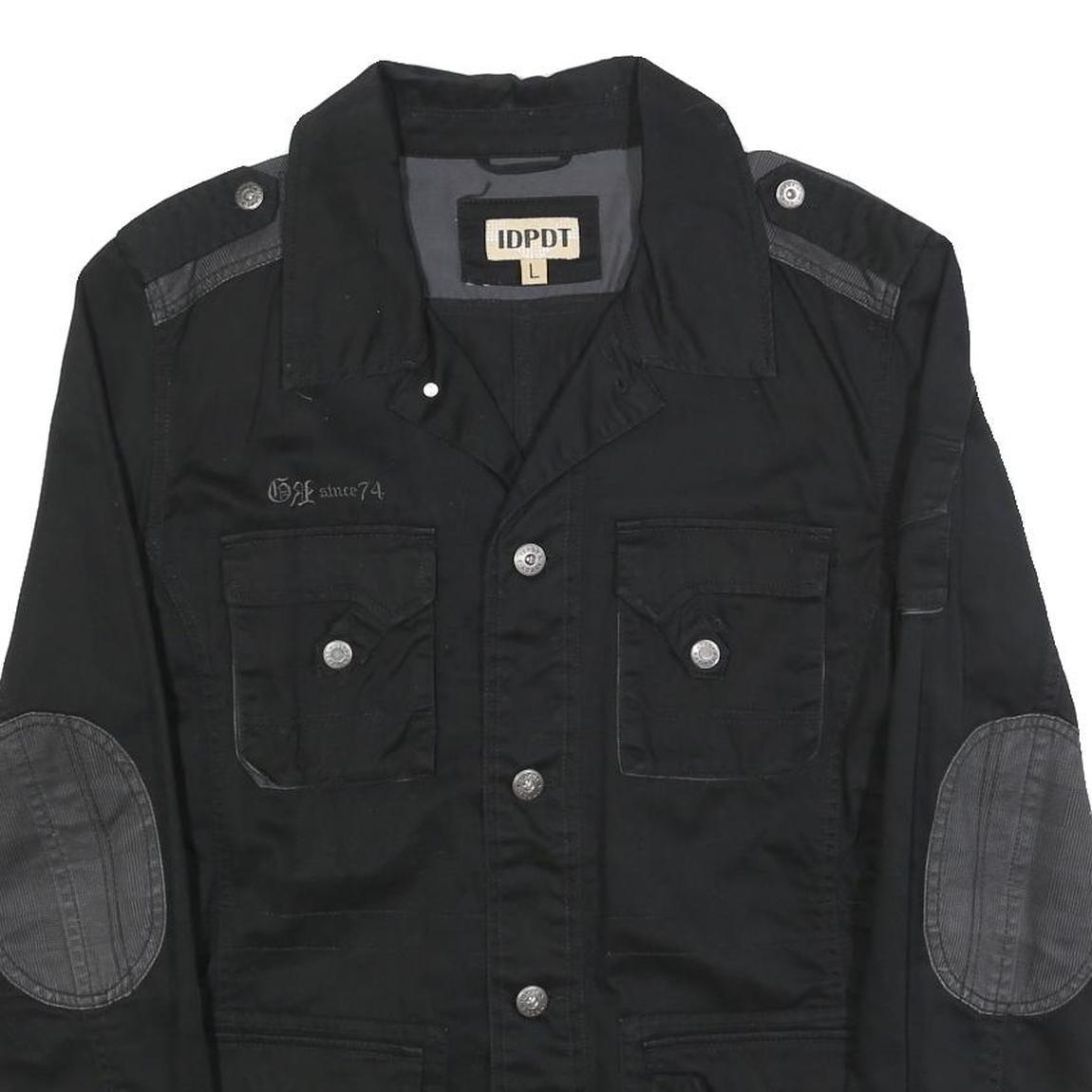 IDPDT Mens Black Cotton Button Jacket L Plain Military Style Pockets Elbow Patch