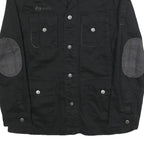 IDPDT Mens Black Cotton Button Jacket L Plain Military Style Pockets Elbow Patch