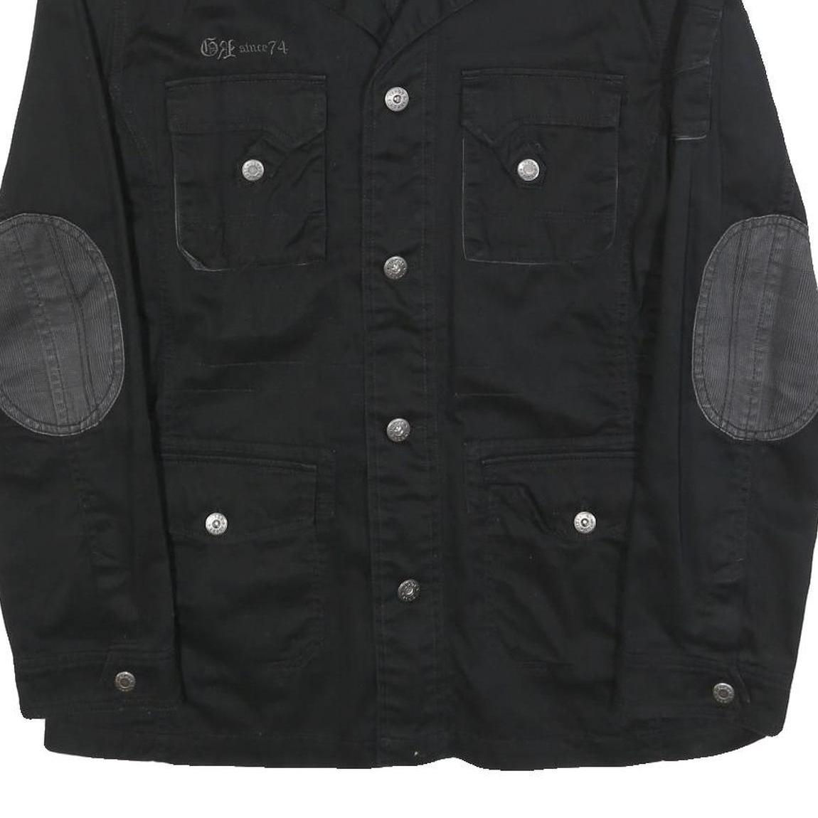 IDPDT Mens Black Cotton Button Jacket L Plain Military Style Pockets Elbow Patch