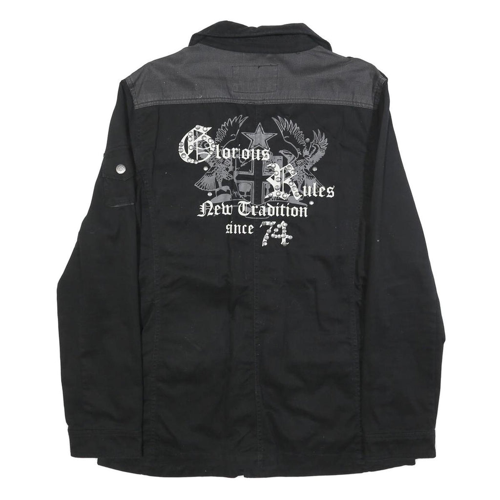 IDPDT Mens Black Cotton Button Jacket L Plain Military Style Pockets Elbow Patch