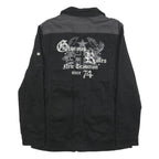 IDPDT Mens Black Cotton Button Jacket L Plain Military Style Pockets Elbow Patch