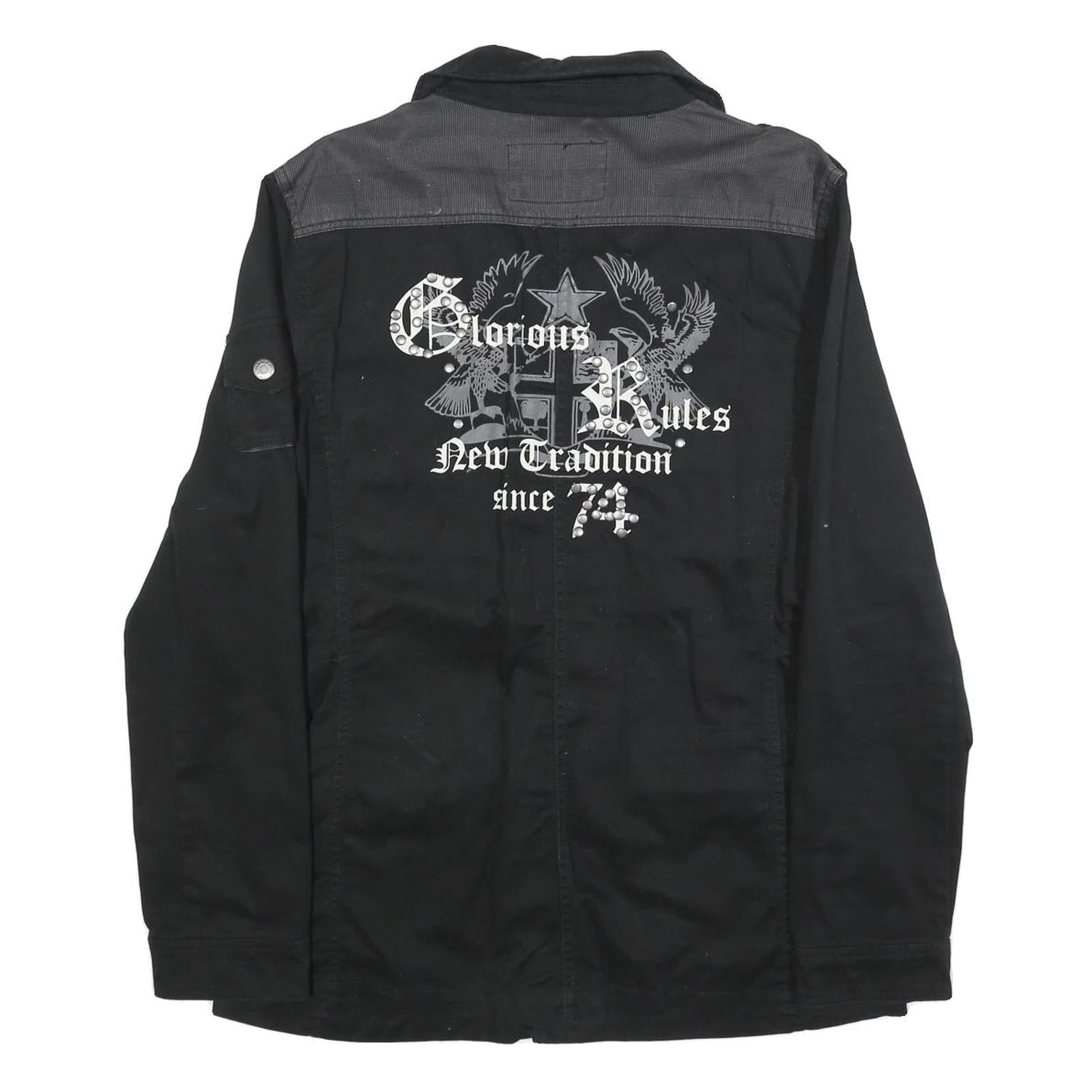 IDPDT Mens Black Cotton Button Jacket L Plain Military Style Pockets Elbow Patch