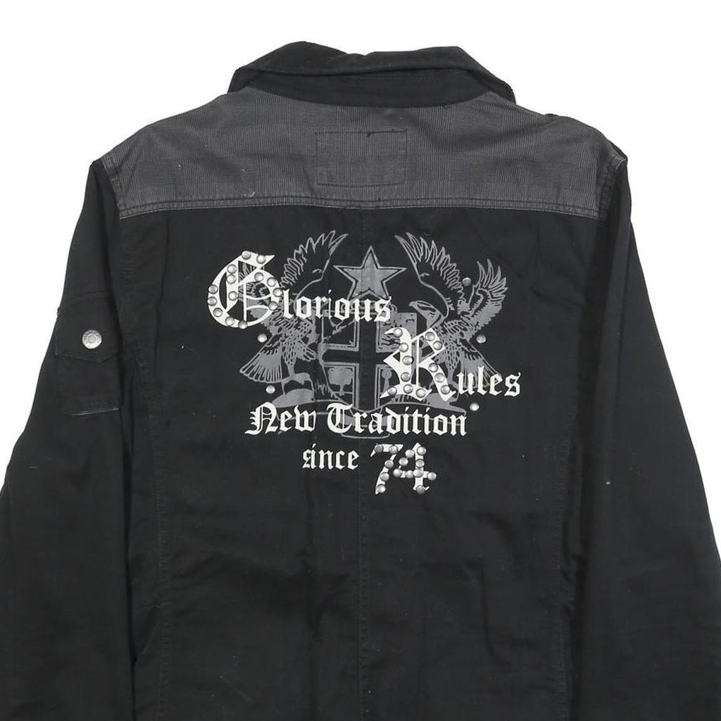 IDPDT Mens Black Cotton Button Jacket L Plain Military Style Pockets Elbow Patch