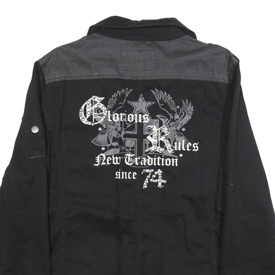 IDPDT Mens Black Cotton Button Jacket L Plain Military Style Pockets Elbow Patch