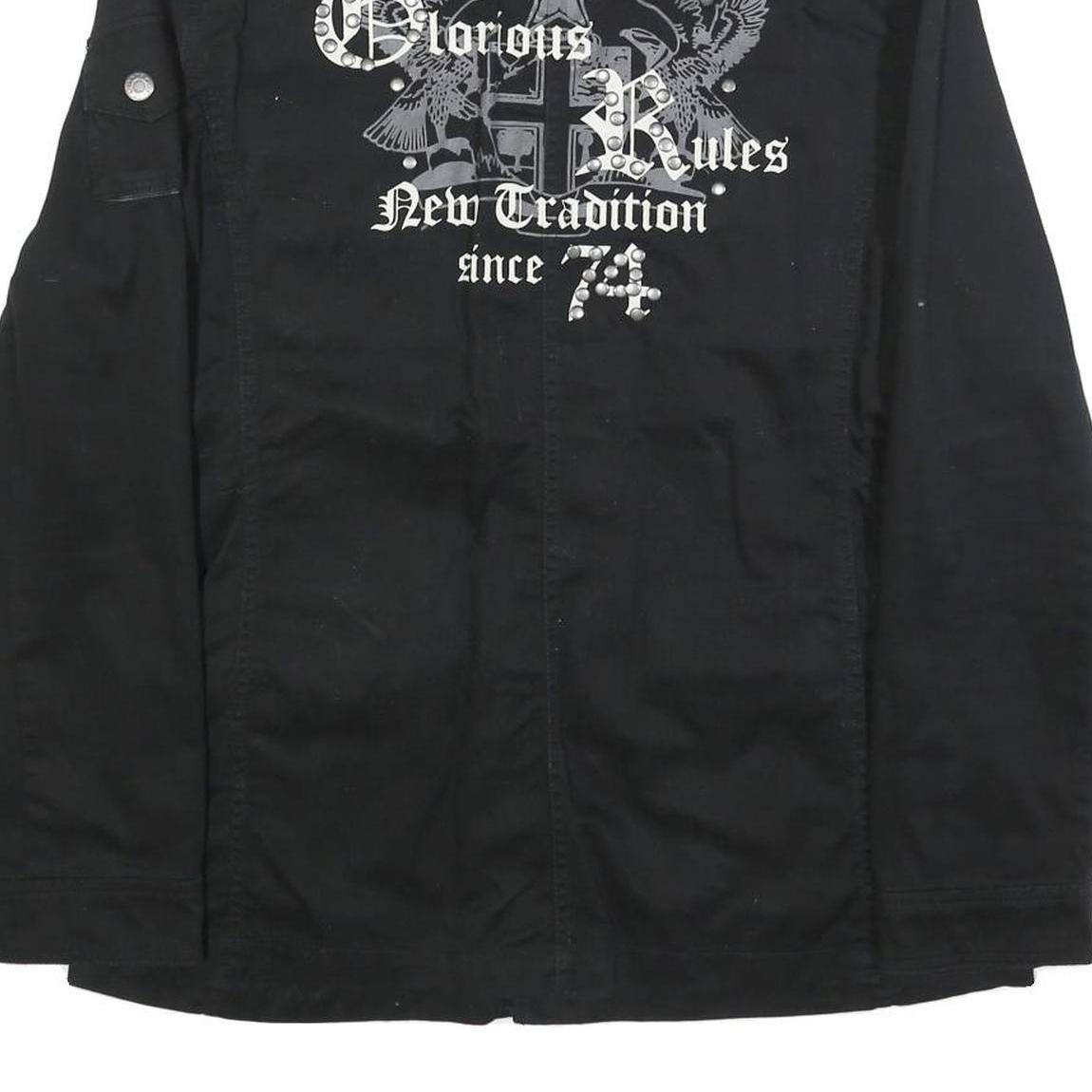 IDPDT Mens Black Cotton Button Jacket L Plain Military Style Pockets Elbow Patch