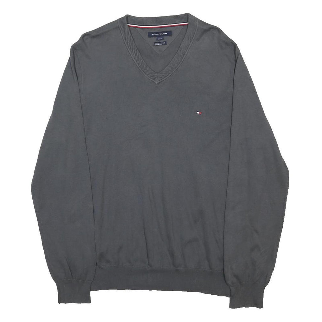 TOMMY HILFIGER Mens Grey Jumper Plain V-Neck Basic Knit L Cotton Classic Style