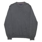 TOMMY HILFIGER Mens Grey Jumper Plain V-Neck Basic Knit L Cotton Classic Style