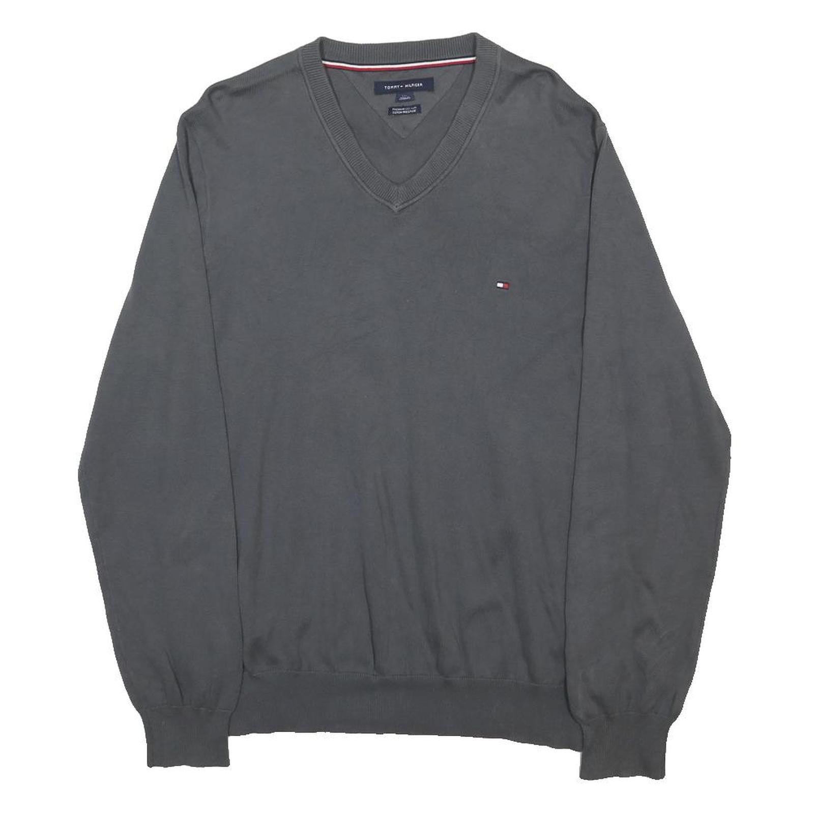 TOMMY HILFIGER Mens Grey Jumper Plain V-Neck Basic Knit L Cotton Classic Style