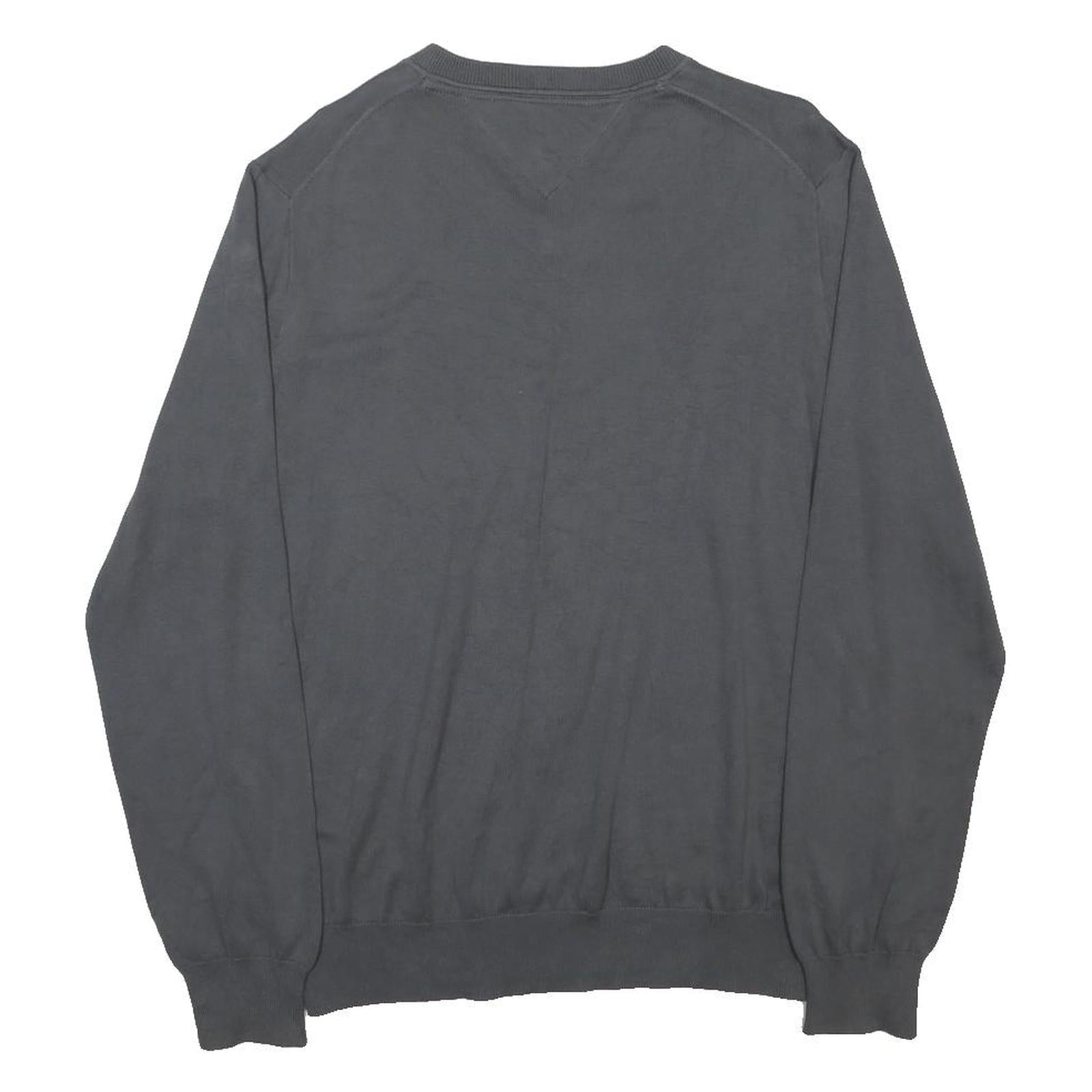 TOMMY HILFIGER Mens Grey Jumper Plain V-Neck Basic Knit L Cotton Classic Style