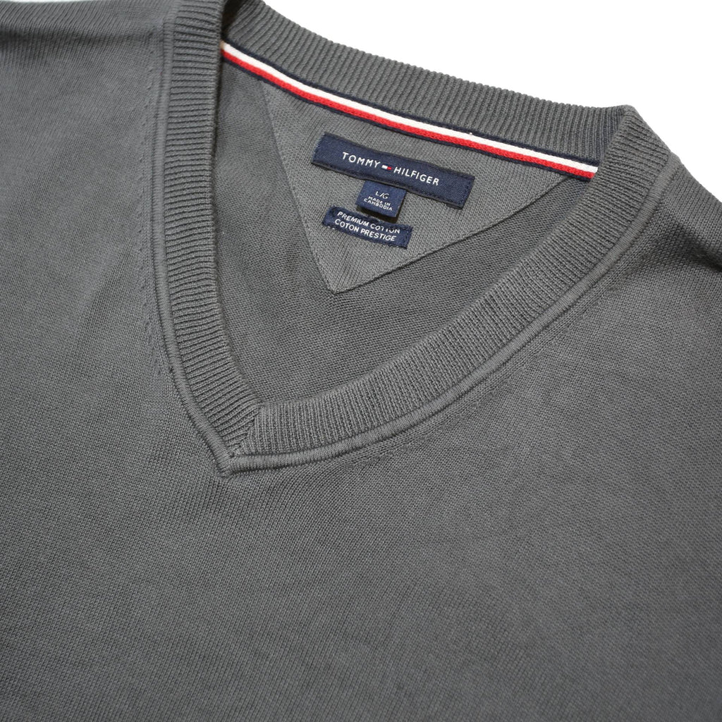 TOMMY HILFIGER Mens Grey Jumper Plain V-Neck Basic Knit L Cotton Classic Style