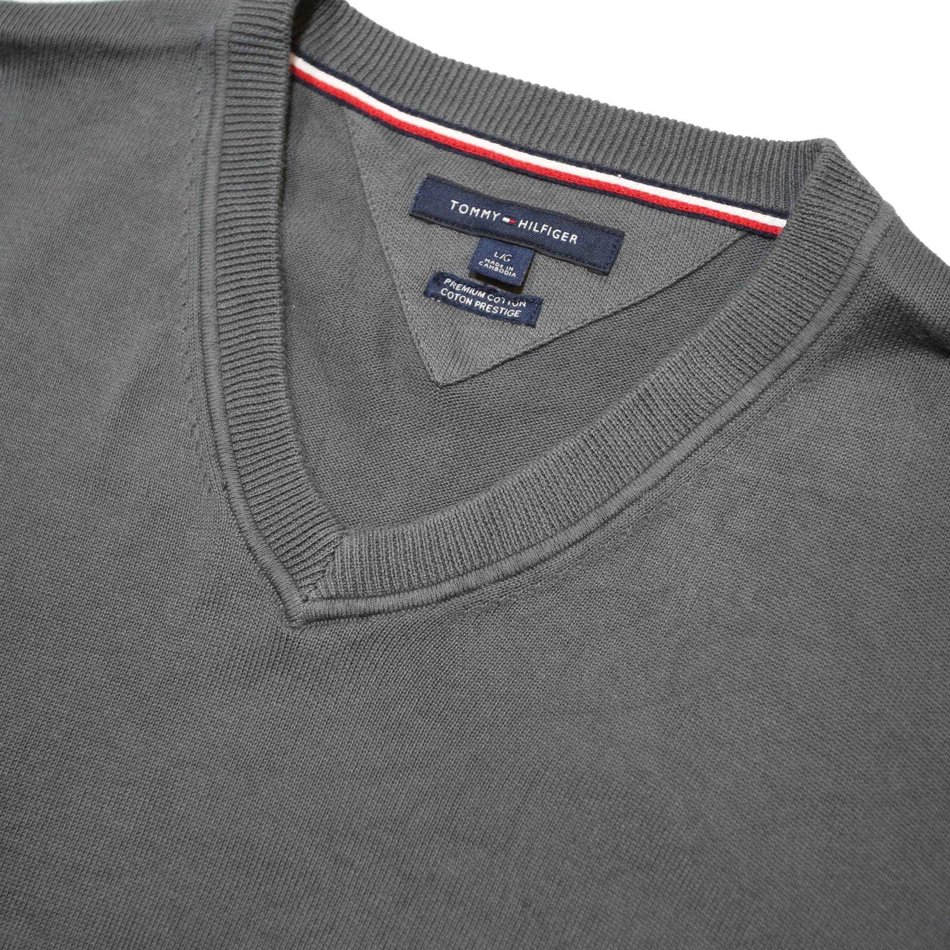 TOMMY HILFIGER Mens Grey Jumper Plain V-Neck Basic Knit L Cotton Classic Style