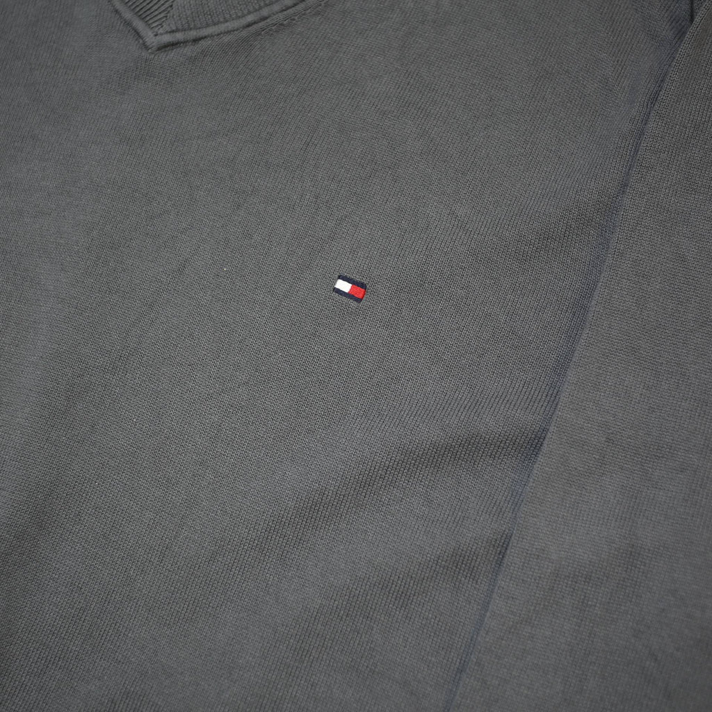 TOMMY HILFIGER Mens Grey Jumper Plain V-Neck Basic Knit L Cotton Classic Style
