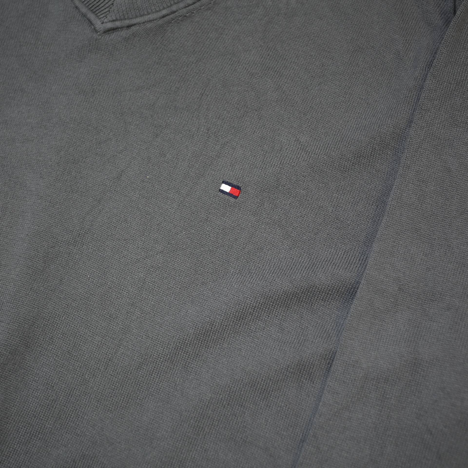 TOMMY HILFIGER Mens Grey Jumper Plain V-Neck Basic Knit L Cotton Classic Style