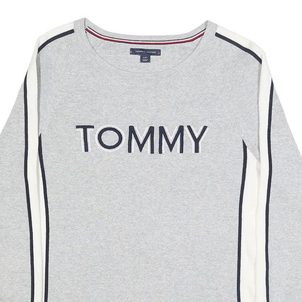 TOMMY HILFIGER Womens Grey & White Plain Jumper Crew Neck Basic Knit L Cotton