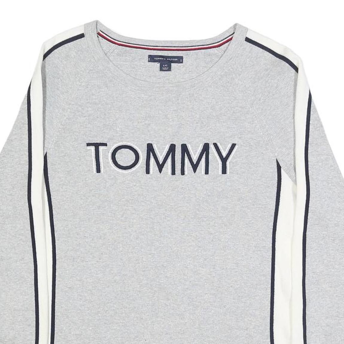 TOMMY HILFIGER Womens Grey & White Plain Jumper Crew Neck Basic Knit L Cotton