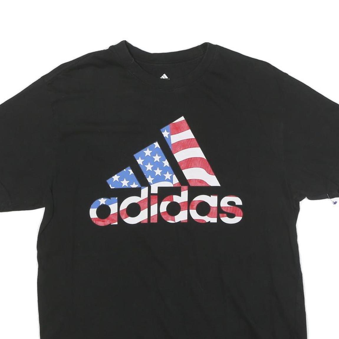 ADIDAS Mens Black T-Shirt M Short Sleeve Crew Neck Cotton Blend USA Flag Logo