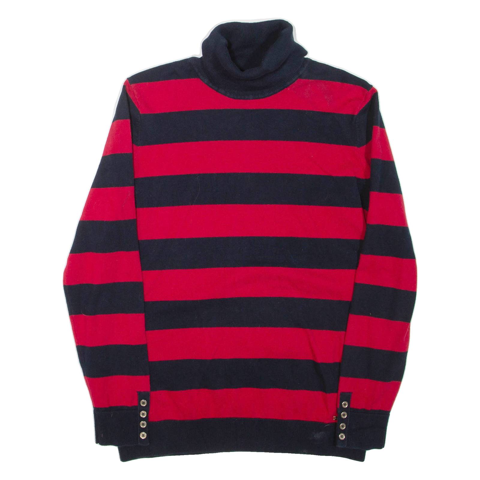 TOMMY HILFIGER Womens Patterned Jumper Red Striped Roll Neck Tight Knit L