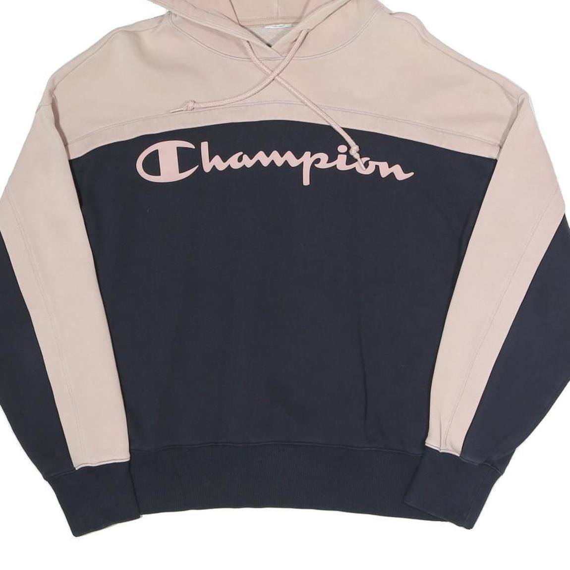 CHAMPION Womens Beige & Navy Hoodie S Cotton Blend Casual Drawstring Hood