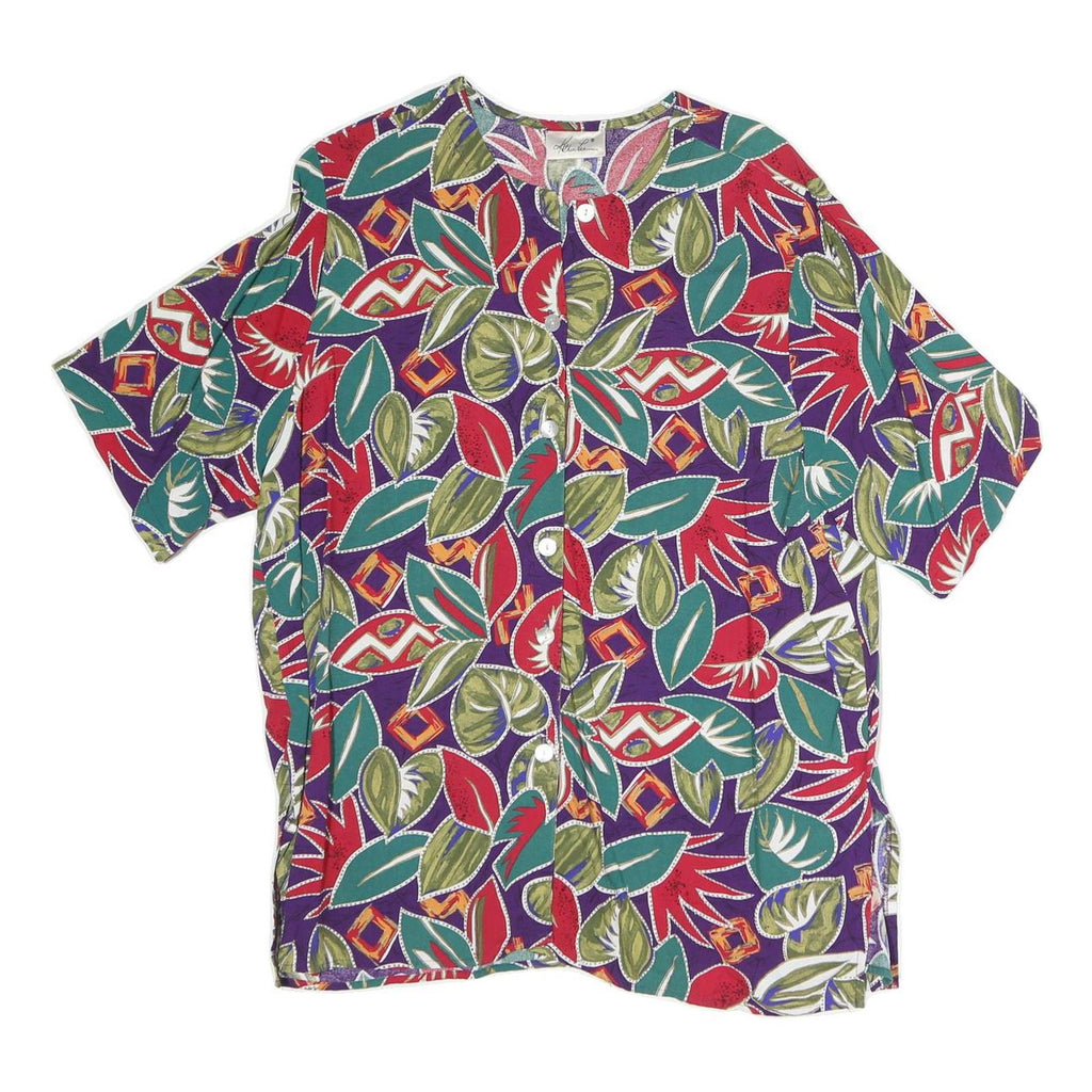 Womens Purple & Red Printed Button Shirt Short Sleeve L Polyester Blend Casual