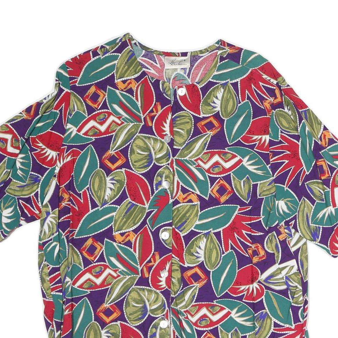 Womens Purple & Red Printed Button Shirt Short Sleeve L Polyester Blend Casual