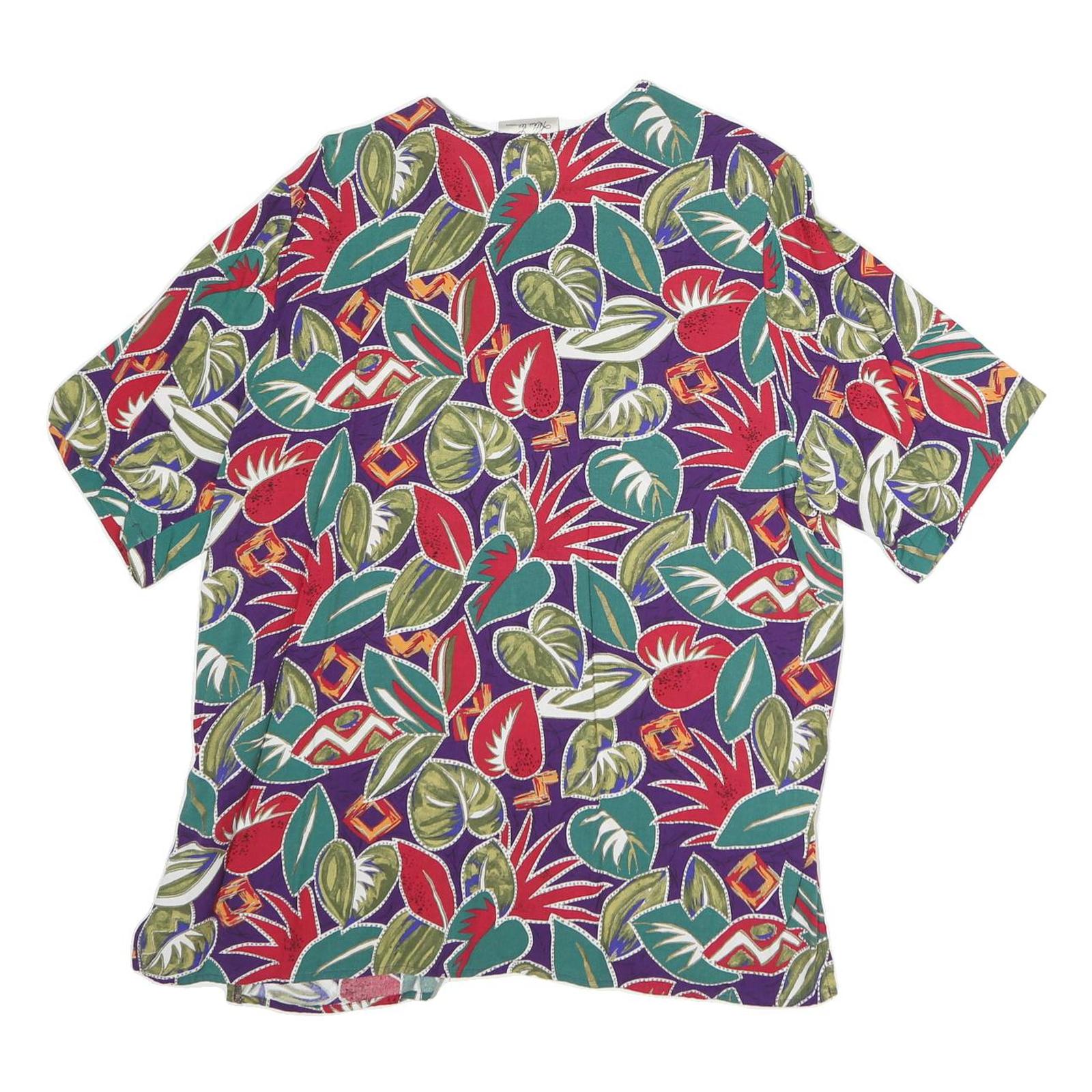 Womens Purple & Red Printed Button Shirt Short Sleeve L Polyester Blend Casual