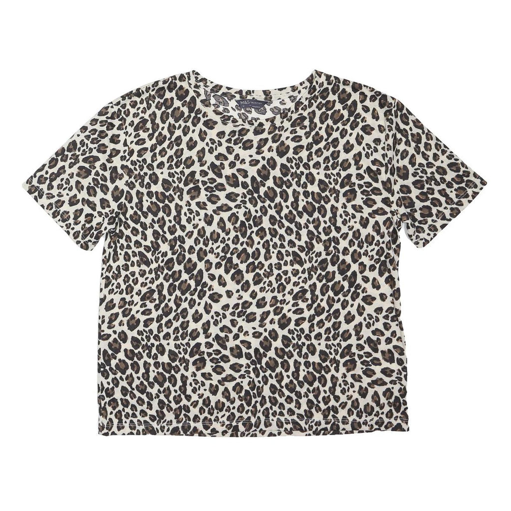 M&S Womens Cream & Brown Leopard Print Basic Top Short Sleeve Round Neck UK 12