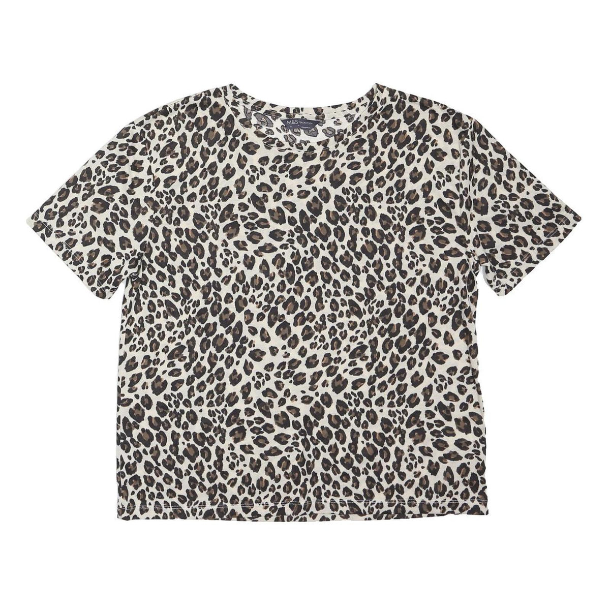 M&S Womens Cream & Brown Leopard Print Basic Top Short Sleeve Round Neck UK 12