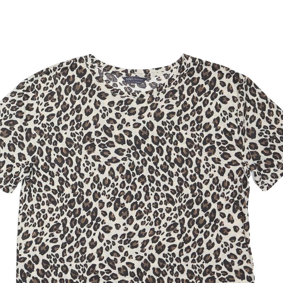 M&S Womens Cream & Brown Leopard Print Basic Top Short Sleeve Round Neck UK 12