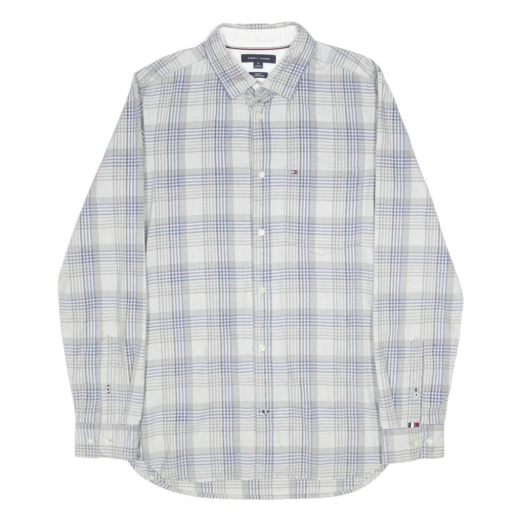 TOMMY HILFIGER Mens Blue & Grey Check Shirt M Classic Cotton Long Sleeve Casual