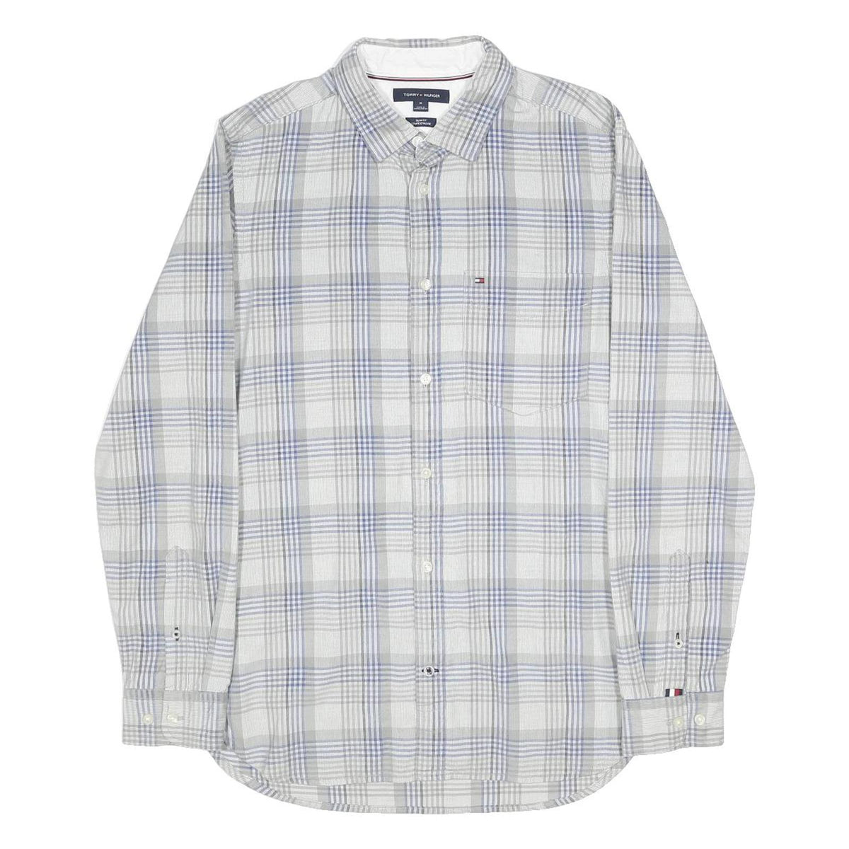 TOMMY HILFIGER Mens Blue & Grey Check Shirt M Classic Cotton Long Sleeve Casual