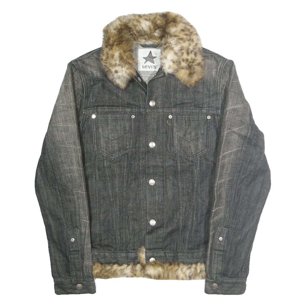 LEVI'S Womens Black Denim Faux Fur Collar Cotton Jacket S Plain Button