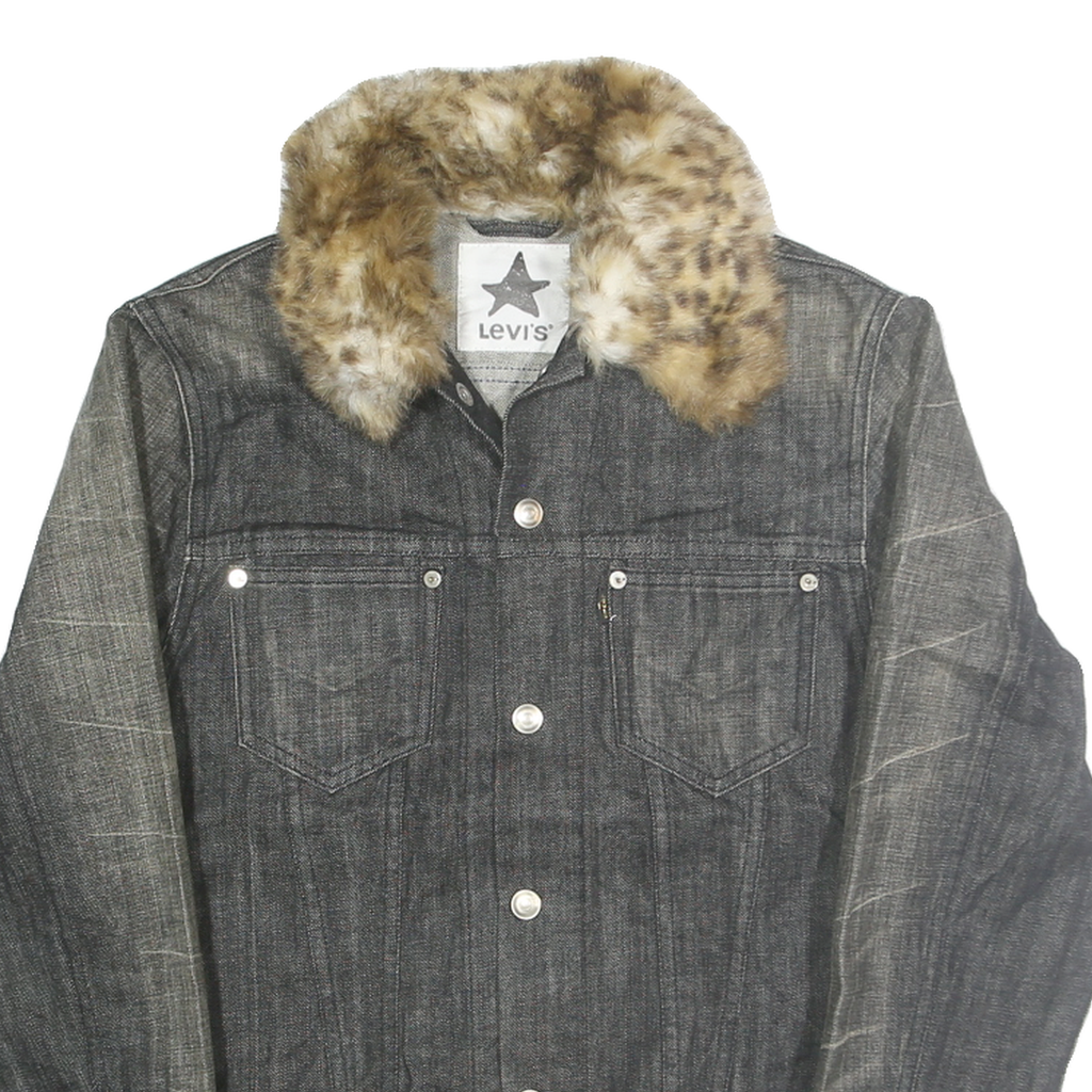 LEVI'S Womens Black Denim Faux Fur Collar Cotton Jacket S Plain Button