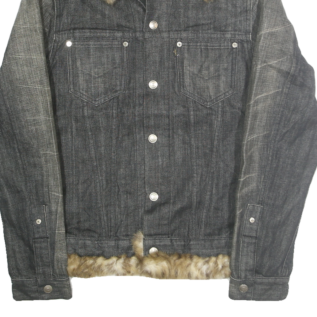 LEVI'S Womens Black Denim Faux Fur Collar Cotton Jacket S Plain Button