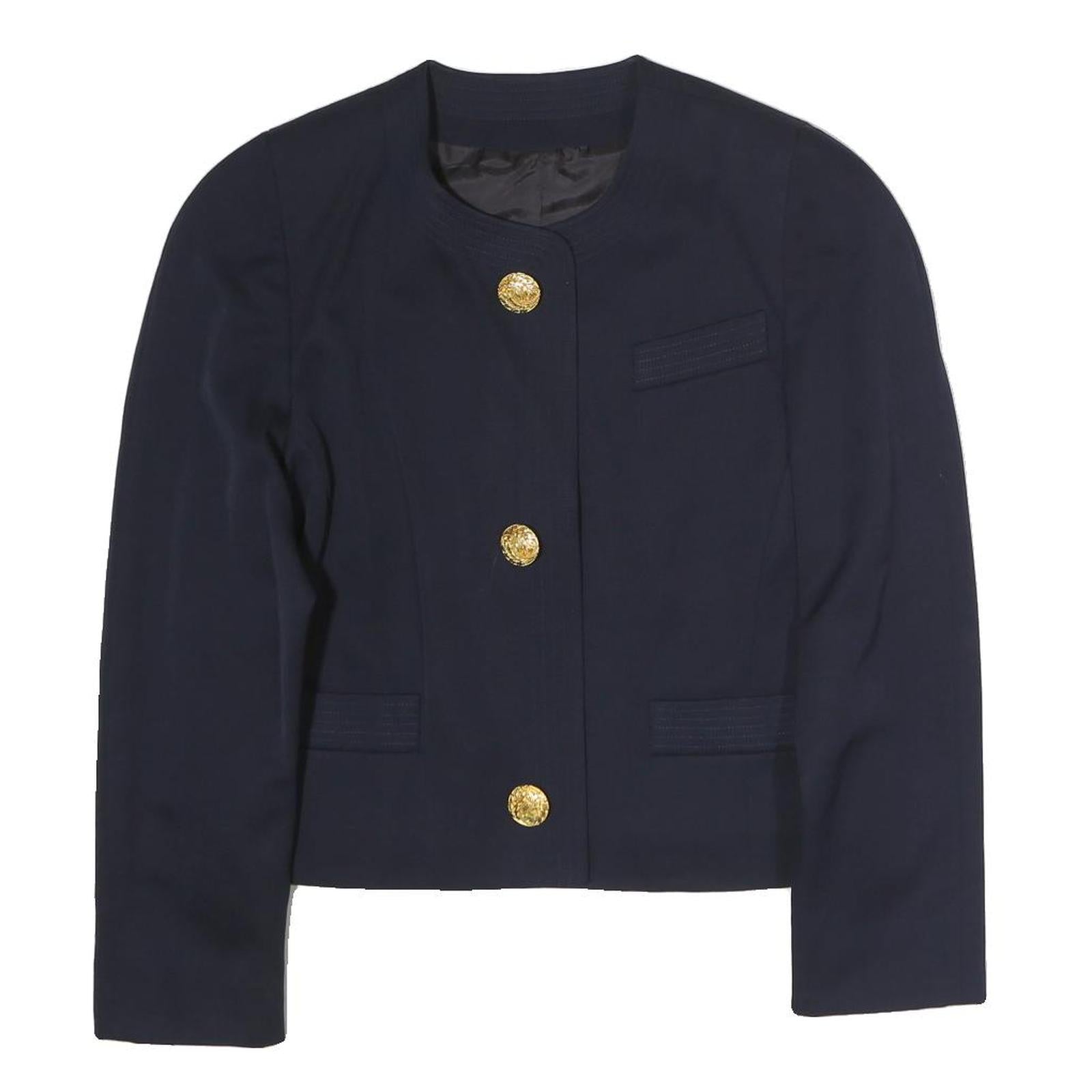 Womens Navy Blue Button Jacket M Polyester Plain Elegant Classic Style