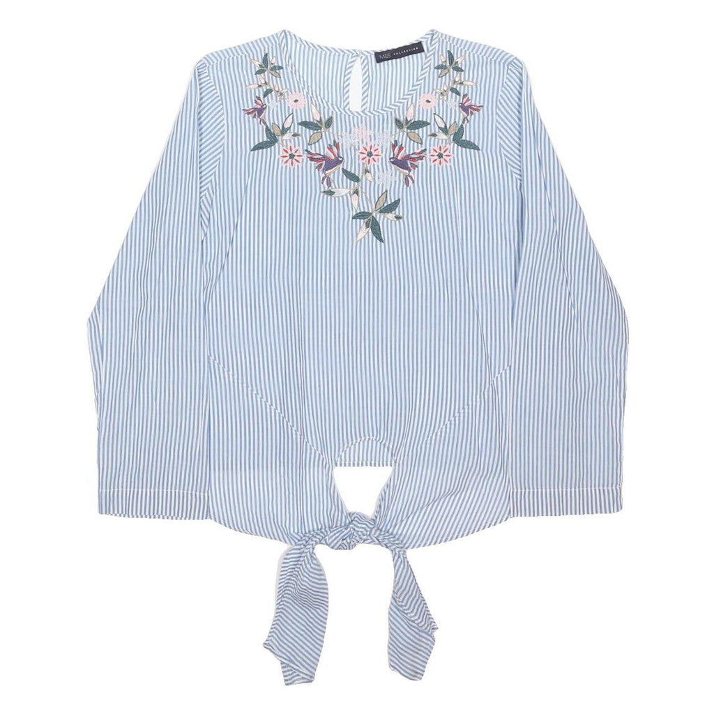 M&S Womens Blue & White Printed Tie Front Top Long Sleeve Round Neck Embroidered
