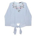 M&S Womens Blue & White Printed Tie Front Top Long Sleeve Round Neck Embroidered