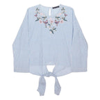 M&S Womens Blue & White Printed Tie Front Top Long Sleeve Round Neck Embroidered