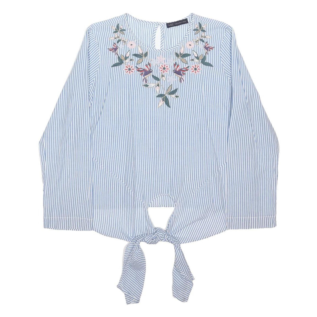 M&S Womens Blue & White Printed Tie Front Top Long Sleeve Round Neck Embroidered