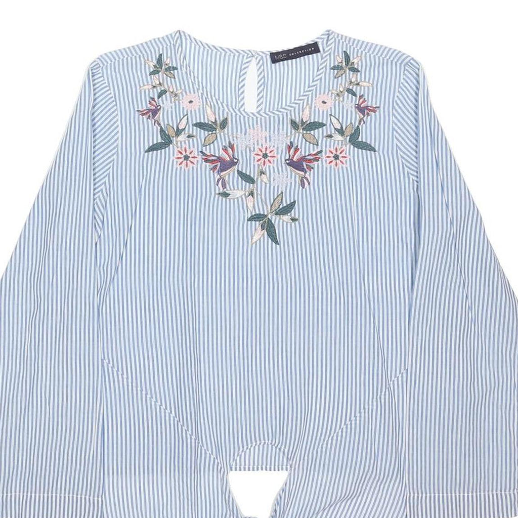 M&S Womens Blue & White Printed Tie Front Top Long Sleeve Round Neck Embroidered