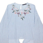 M&S Womens Blue & White Printed Tie Front Top Long Sleeve Round Neck Embroidered
