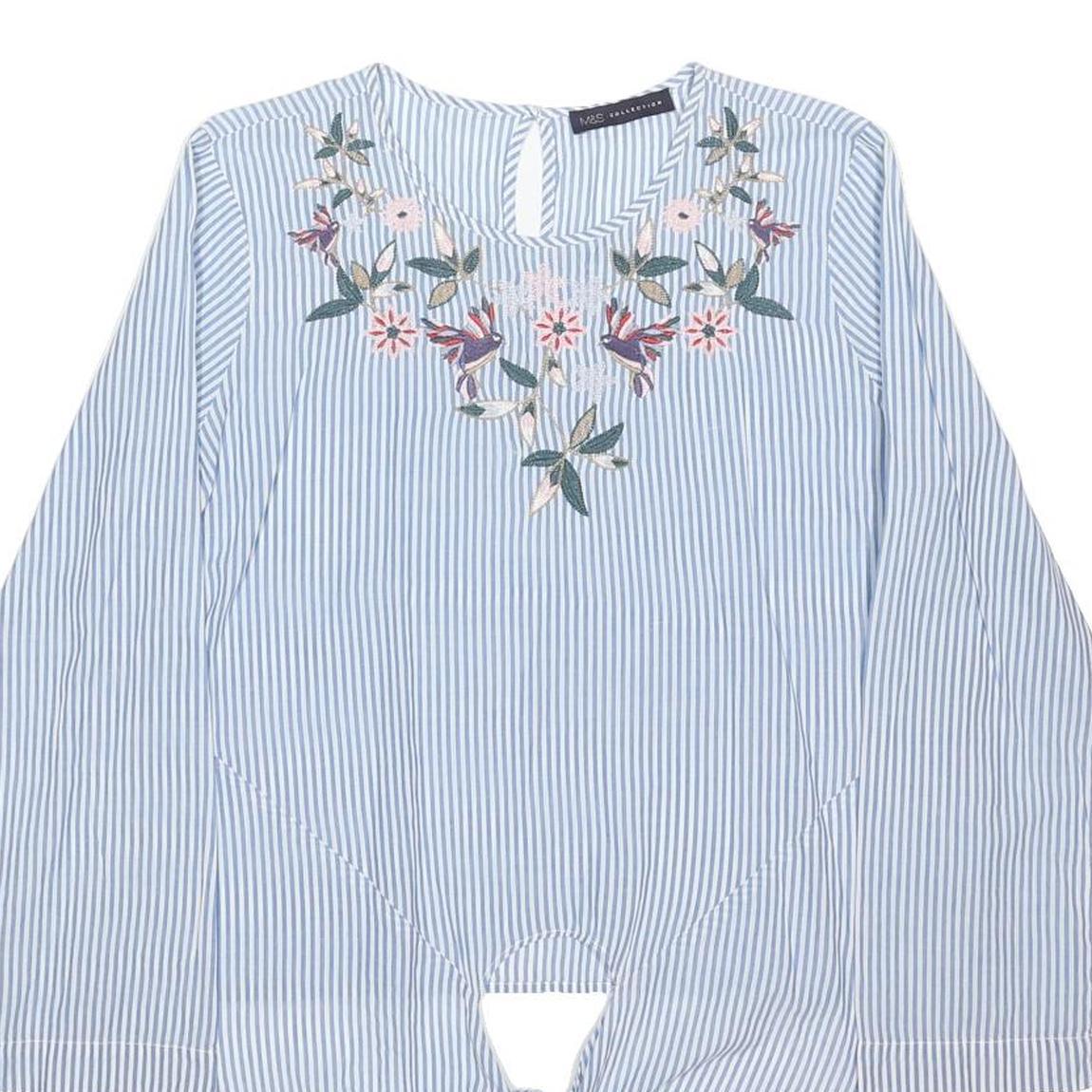 M&S Womens Blue & White Printed Tie Front Top Long Sleeve Round Neck Embroidered
