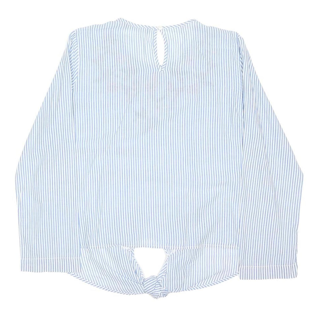 M&S Womens Blue & White Printed Tie Front Top Long Sleeve Round Neck Embroidered
