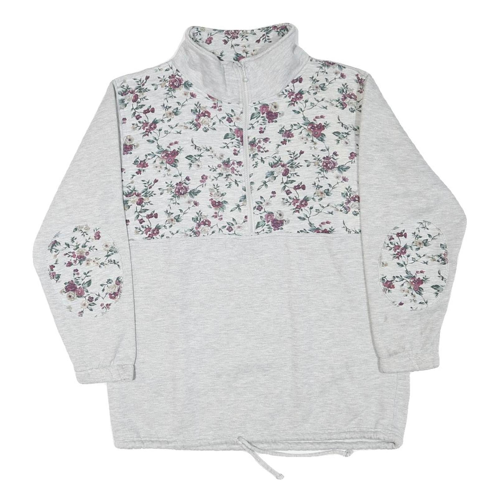 Womens Grey Floral Print Half Zip Sweatshirt M Cotton Blend Casual Style