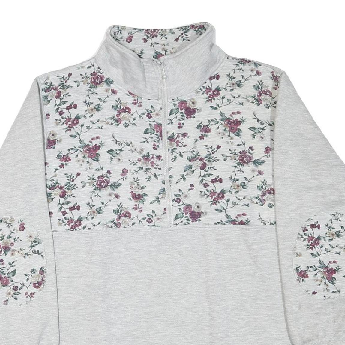 Womens Grey Floral Print Half Zip Sweatshirt M Cotton Blend Casual Style