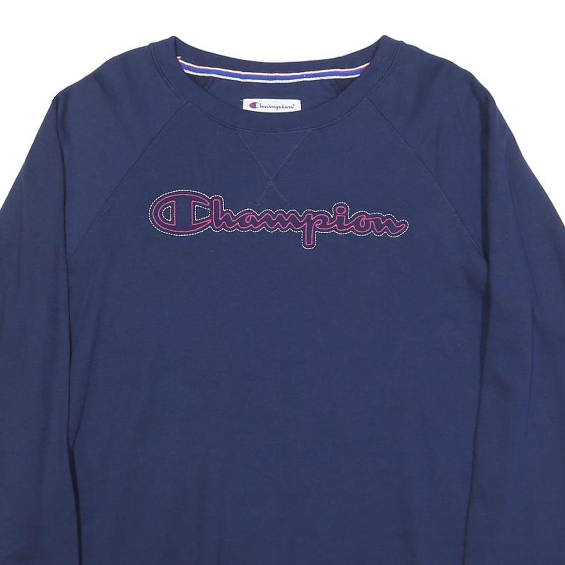 CHAMPION Womens Blue Crew Neck L Embroidered Logo Sweatshirt Long Sleeve