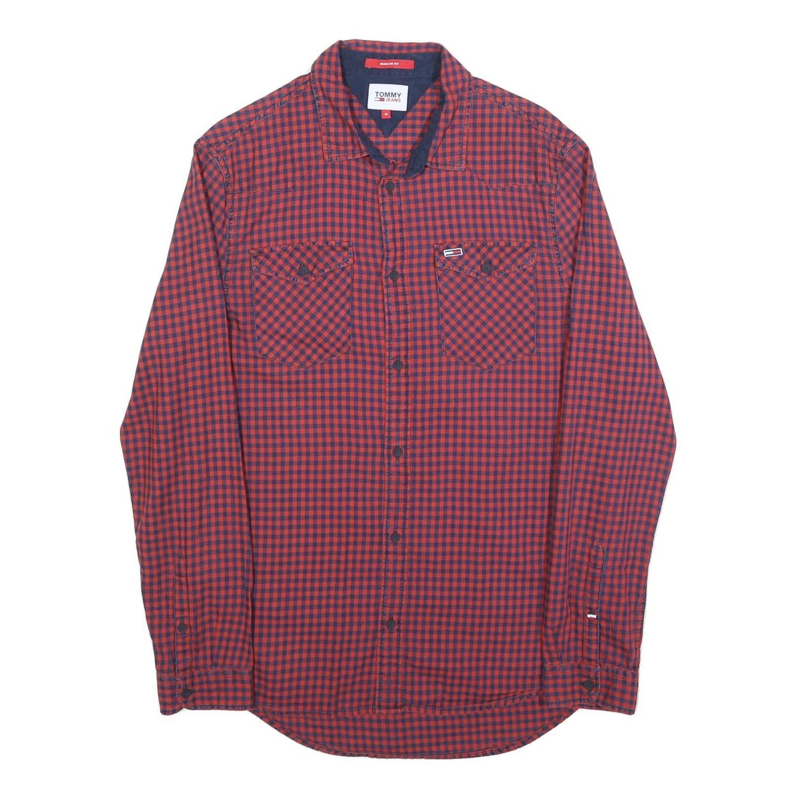 TOMMY HILFIGER Mens Red & Navy Checked Shirt M Cotton Blend Classic Fit Button