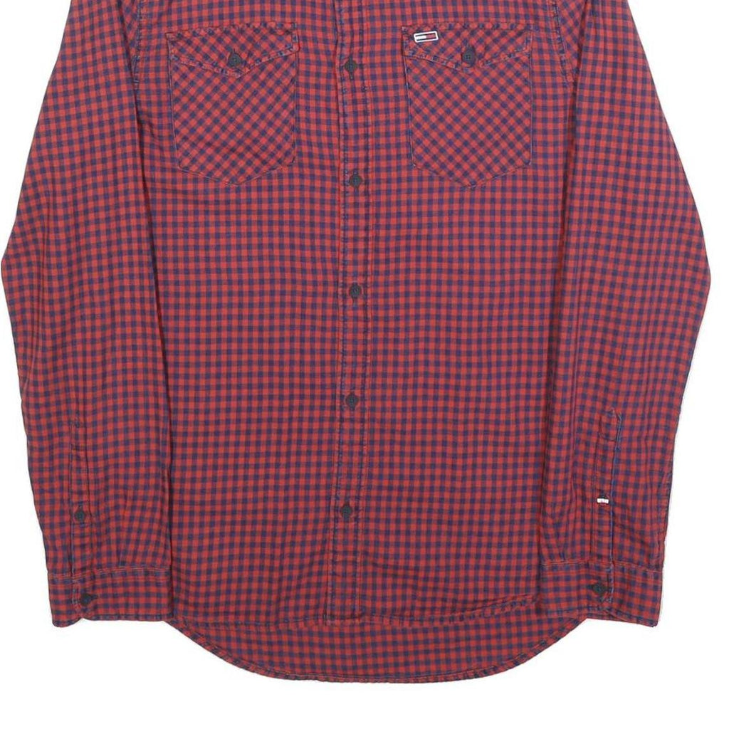 TOMMY HILFIGER Mens Red & Navy Checked Shirt M Cotton Blend Classic Fit Button