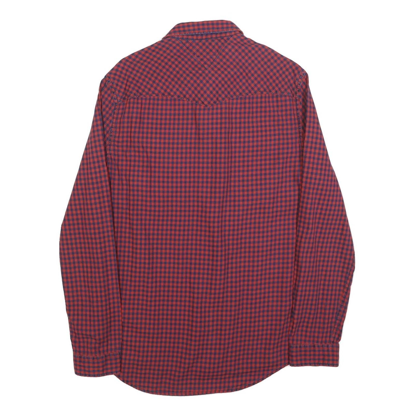 TOMMY HILFIGER Mens Red & Navy Checked Shirt M Cotton Blend Classic Fit Button