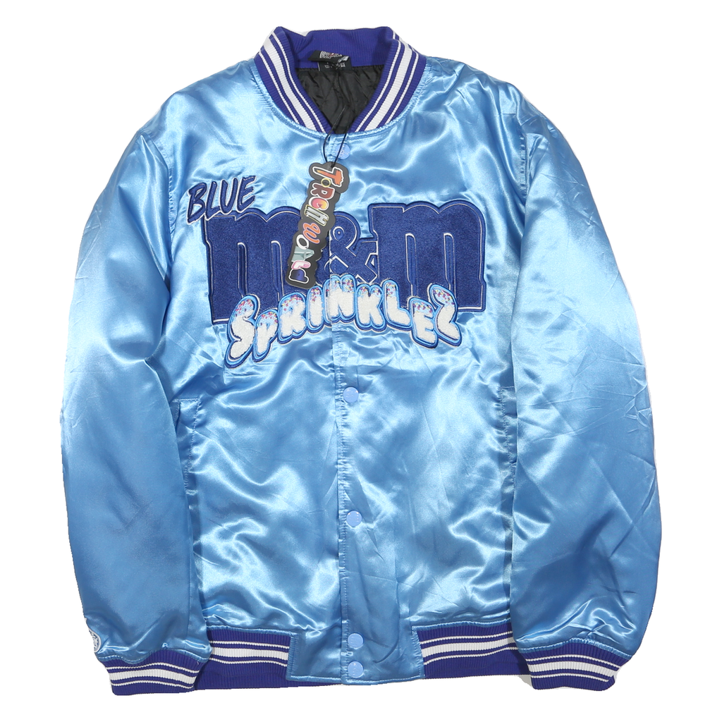 TORCHWORLD Mens Blue Satin Button Jacket L Embroidered M&M Sprinklez